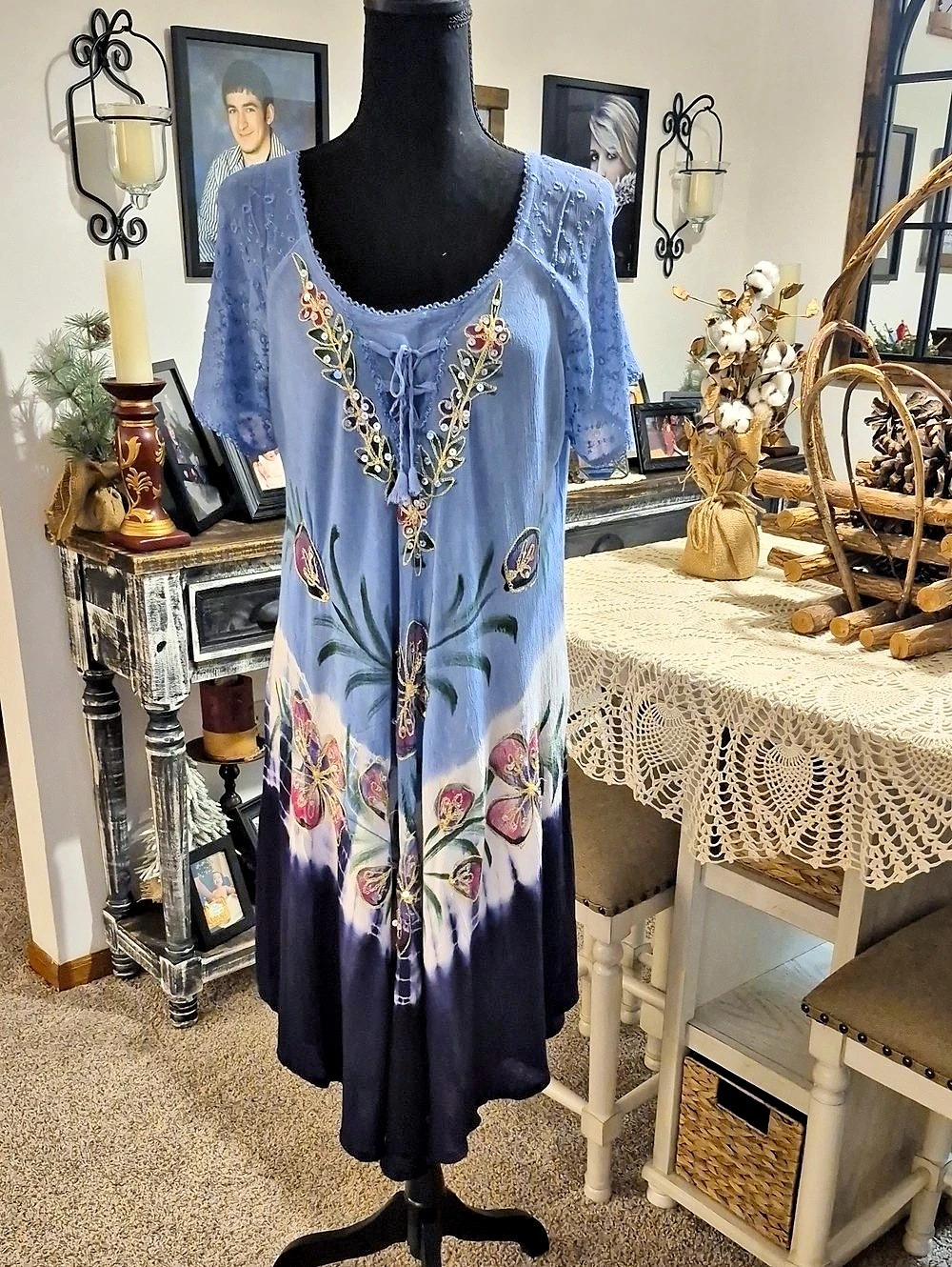 Santa Fe Classics Floral Embroidered Maxi Dress in Blue & Purple Like New
